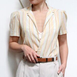 70s Yellow Pastel Rainbow Striped Overcoat w/ Short Sleeve & Slim Collar, Gauzy